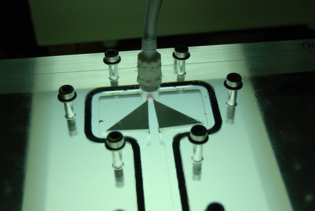 Centering device at the start of the main channel together with inflow coming from the syringe pump.